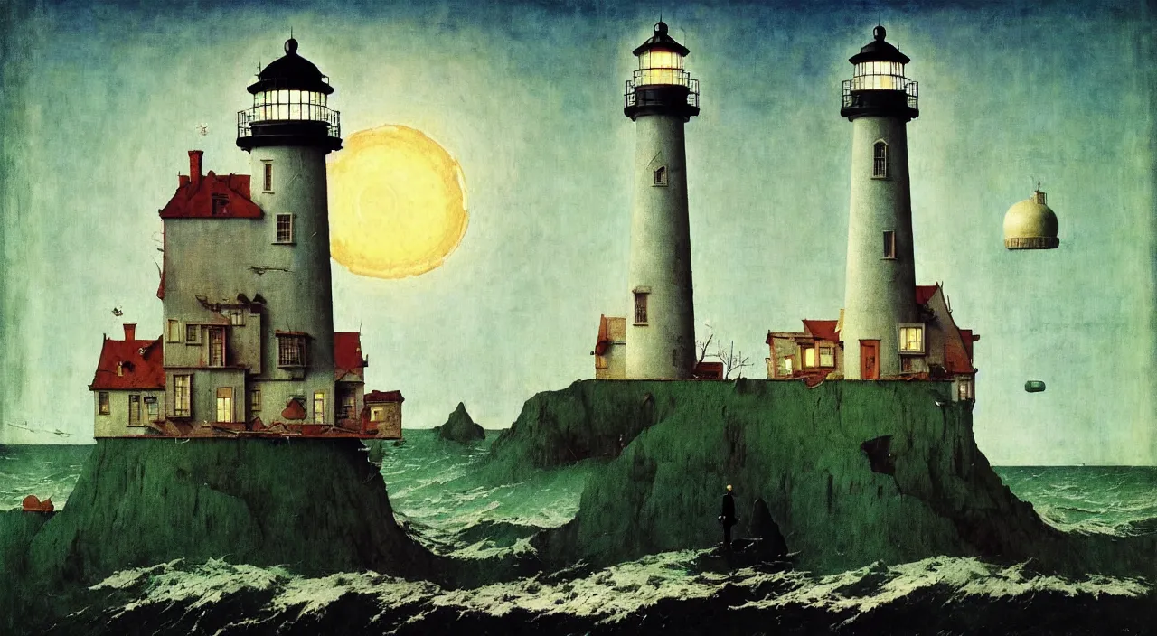 Prompt: single flooded simple!! lighthouse anatomy, very coherent and colorful high contrast masterpiece by norman rockwell franz sedlacek hieronymus bosch dean ellis simon stalenhag rene magritte gediminas pranckevicius, dark shadows, sunny day, hard lighting