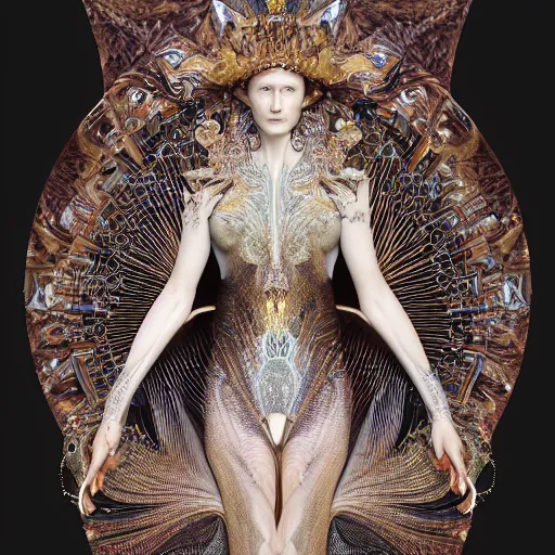 Prompt: high priestess queen of jupiter by iris van herpen, zaha hadid and alphonse mucha. highly detailed, hyper - real, very beautiful, intricate fractal details, very complex, opulent, epic, glowing, trending on deviantart and artstation