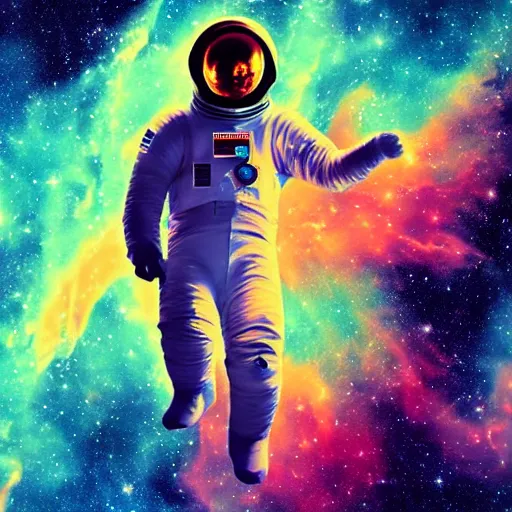 Prompt: Art Deco image of an amazed astronaut floating near a nebula. 8k resolution. Digital Art.