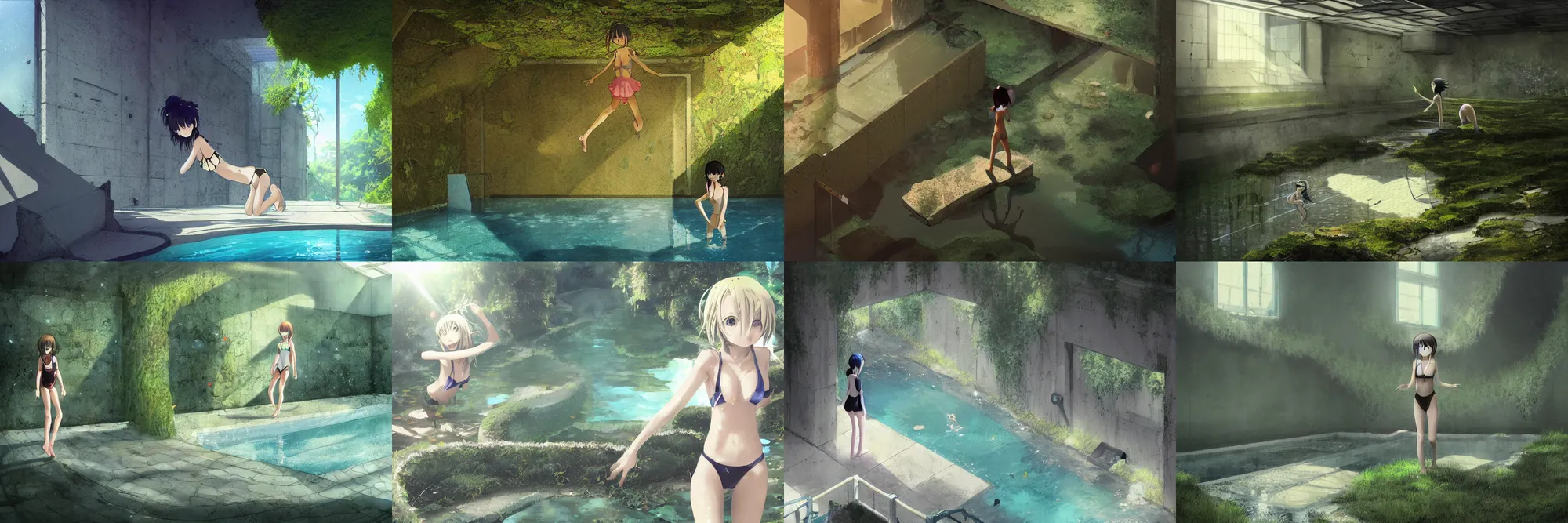 Prompt: Digital anime art by WLOP and Mobius, Water reservoir, concrete ceiling with holes, overrun by moss, girl in school swimsuit walking on edge of pool, highly detailed, dim and shadowy lighting, some sunlight above