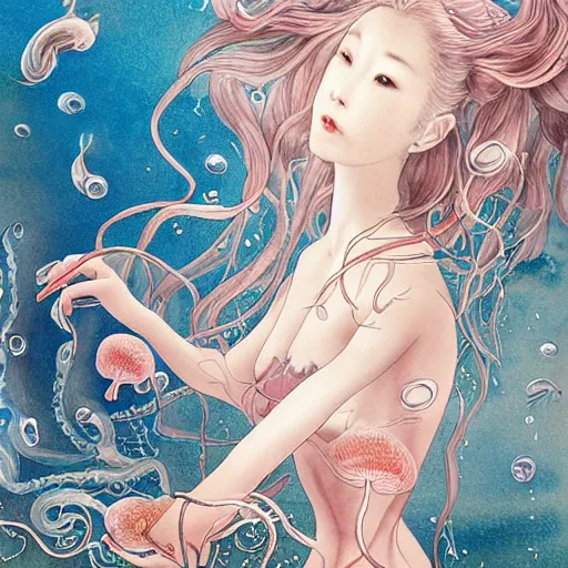 Prompt: poster by Miho Hirano, style of Guo Hua, The light pink Queen of the Sea waves and her devoted servant silver octopus drink tea ,digital art, atmospheric , realistic, detailed, , beautiful collage technique including jellyfish, branches, little fishes, , sea background, beautiful Fantasy detailed trending on artstation, oil painting,Dramatic lighting, eterea , high quality print, fine art with subtle redshift rendering