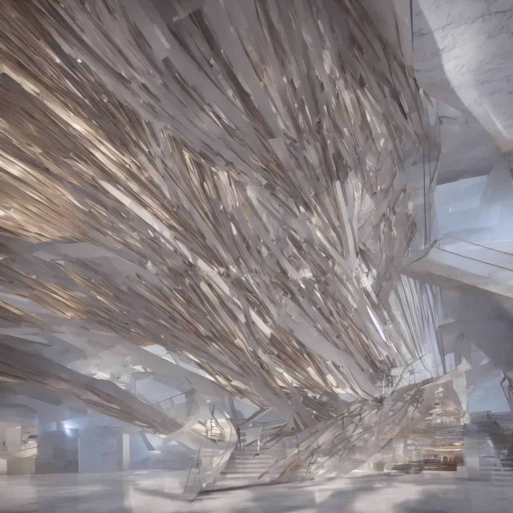Prompt: a wooden and marble monumental stair tower of light climbing up, designed by zaha hadid, highly detailed, 4 k, unreal engine, volumetric lightning, mist, golden goddess athena