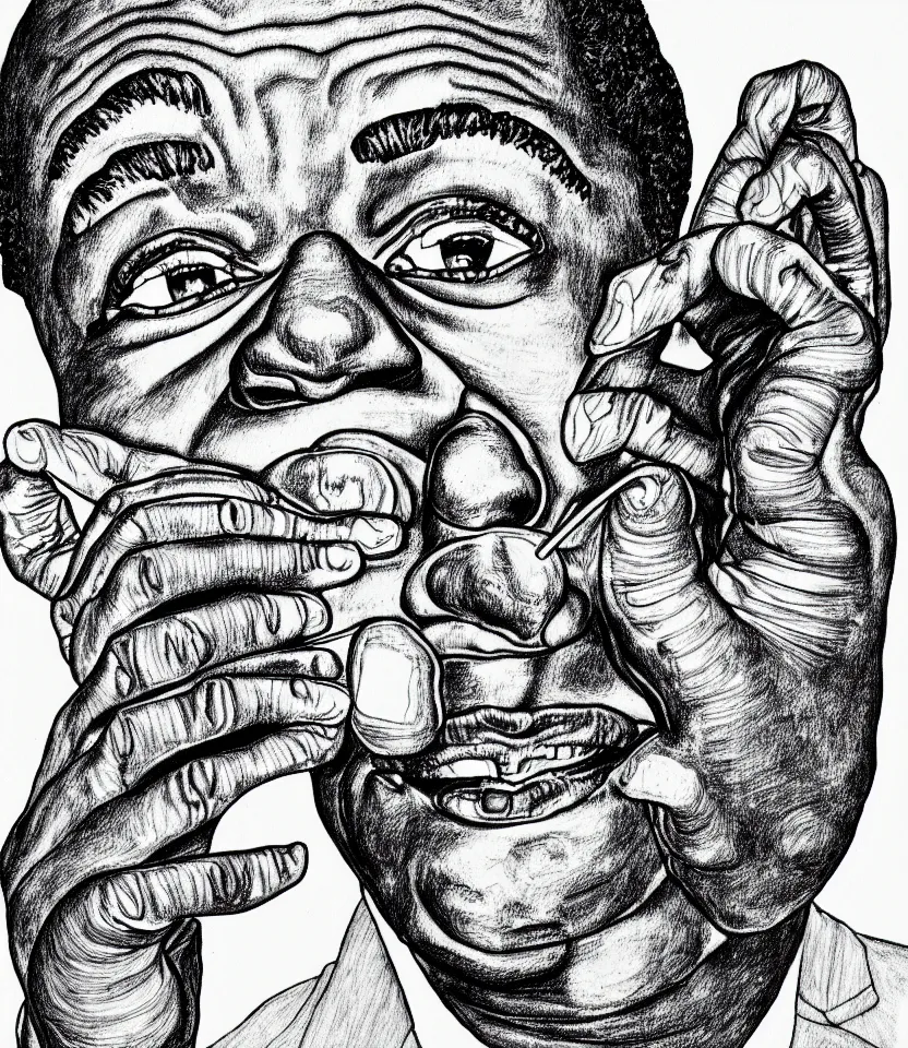 Image similar to detailed line art portrait of louis armstrong, inspired by egon schiele. elegant, minimalist, bold contour lines, musicality, soft twirls curls and curves, confident personality, raw emotion