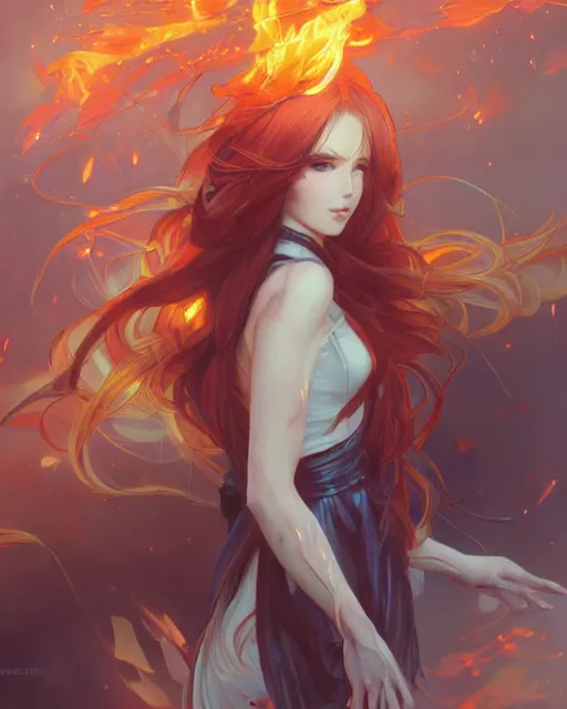 Image similar to beautiful long haired anime girl, fire dress, flames everywhere, highly detailed, digital painting, artstation, concept art, smooth, sharp focus, illustration, art by artgerm and greg rutkowski and alphonse mucha