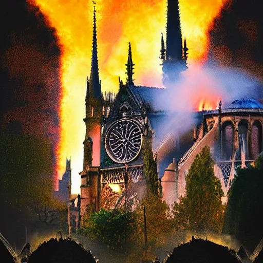 Image similar to “minions laughing as the Notre dame burns behind them, 4k, digital art, award winning”