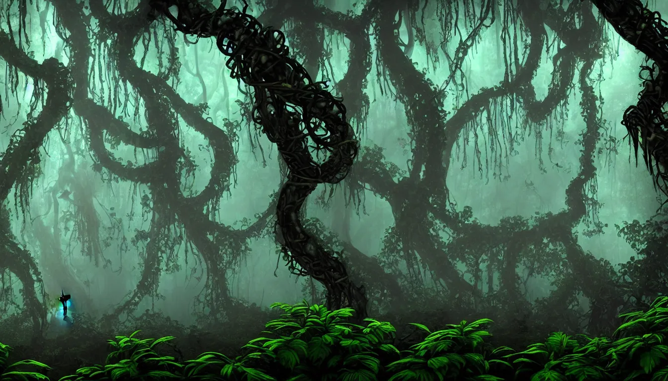 Prompt: eerie and dark deep mayan jungle forest realm biodiversity , side-scrolling 2d platformer game level, swirling clouds of magical fog through the trees, web of vines, ancient temple gigantic statue guardians in ruins in the background between the tree trunks, dramatic dusk sun illuminates areas, volumetric light , detailed entangled roots carpet the forest floor, rich color, upscale , 8k