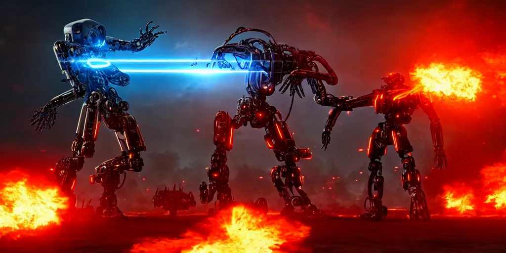 Image similar to cybernetic war at the gates to hades, mecha - warrior battling an alien cyborg in a fiery clash at the gates of hell, 8 k resolution, octane render, photorealistic illustration, low angle pov, dramatic lighting, cinematic fight imagery,