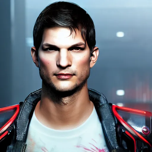 Prompt: ashton kutcher portrait, cyberpunk 2 0 7 7, cyberpunk, photorealistic, ultra detailed, neon, octane, bokeh, cinematic lighting, cyber, cyberpunk city, studio quality, feature, scars, cyberface, 8 k