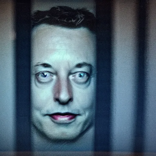 Image similar to dark photo of dark blue rainy bedroom window at night, creepy face of elon musk staring in through the window, horror, scary face,