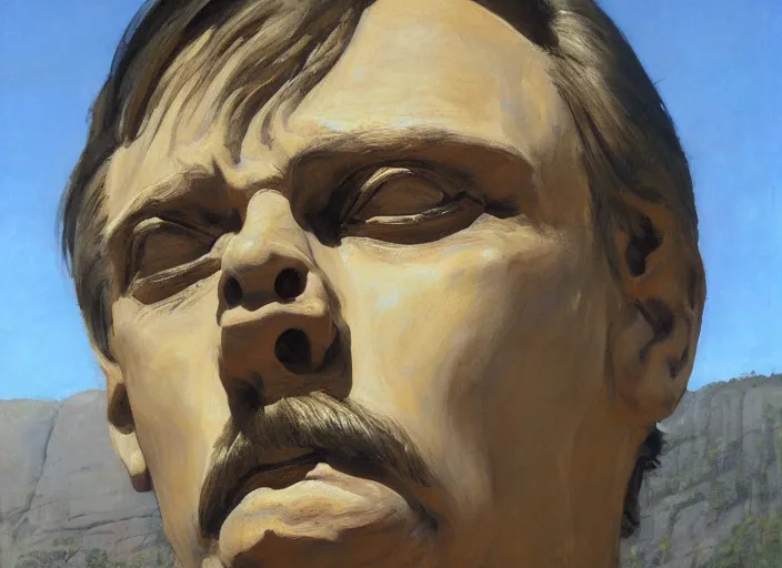 Image similar to a highly detailed beautiful portrait of the face of steve buscemi carved in a stone mountain, by gregory manchess, james gurney, james jean. wide landscape.