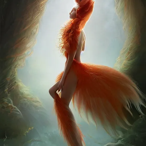 Prompt: prompt A beautiful portrait of a white red orange kumiho, translucent silky dress made of peacock tails, a bra made of peacock feathers, close up front view, long clumpy hair in the shape of fox tail, backlit, concept art, matte painting, by Peter Mohrbacher