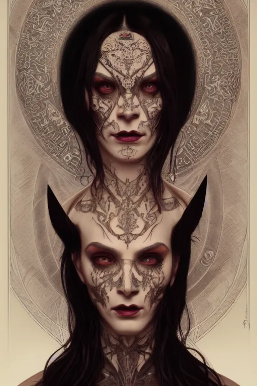 Image similar to portrait of a satanic witch, tattooed face, upper body, decorated, intricate, elegant, highly detailed, digital painting, artstation, concept art, smooth, sharp focus, illustration, art by artgerm and greg rutkowski and alphonse mucha, 8 k