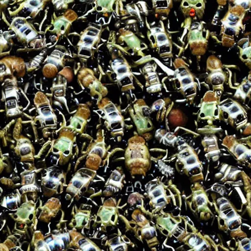 Image similar to army of army of tiny insectoid metallic robots eating a apple