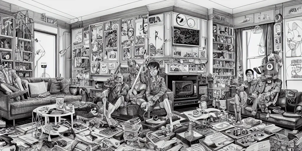 Prompt: a living room of a serial killer, realistic, extremely detailed, sharp focus, wide view, smooth, digital illustration, by james jean, by rossdraws, frank franzzeta, mcbess, sakimichan, brosmin, danton fadeev, steve simpson