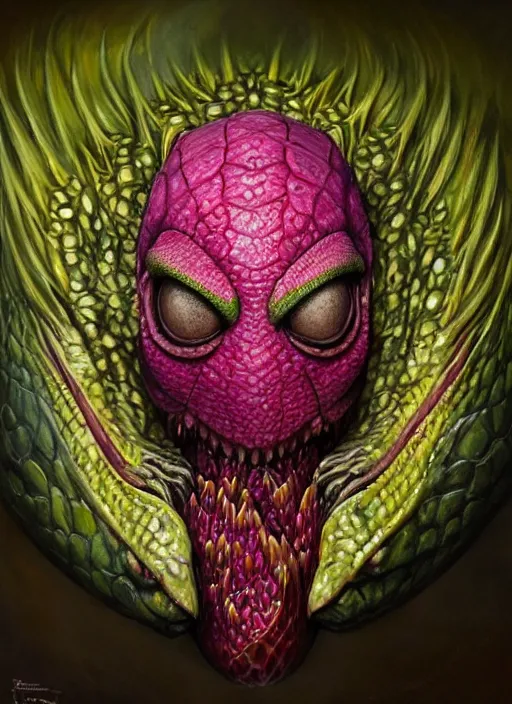 Image similar to dragonfruit mf doom reptile eyes, dragonfruit slice skin. intricate, elegant, highly detailed, centered, digital painting, artstation, concept art, smooth, sharp focus, illustration, artgerm, tomasz alen kopera, peter mohrbacher, donato giancola, joseph christian leyendecker, wlop, frank frazetta