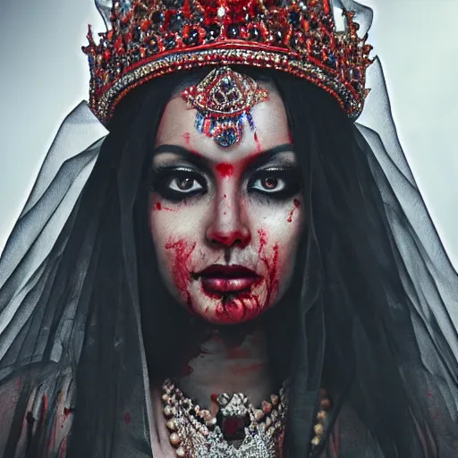 Image similar to beautiful Hindu queen of the dark with veil, in darkness, cover with a lot of red water, horror terrifying, surreal realistic, photorealistic, hyper details, full HD, 8k!