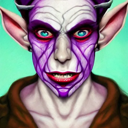 Image similar to a frightening, beautiful elf with violet skin, a scarred face, a bob haircut, and bushy eyebrows, smirking, in the style of jason edmiston