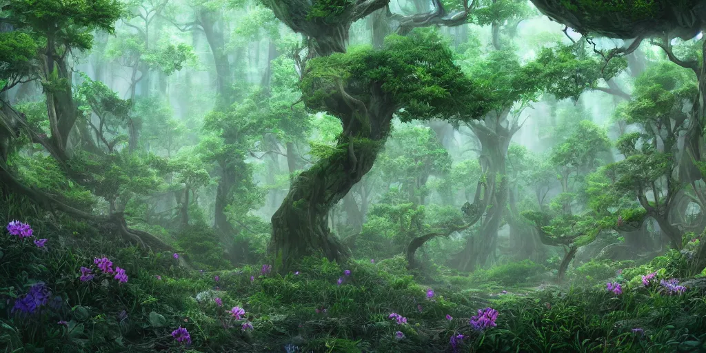 Prompt: beautiful and hyperrealistic lush spiraling forest with every tree species and every flower species, ominous atmosphere, Visual Novel key visual, award-winning digital art on Pixiv, trending on Artstation