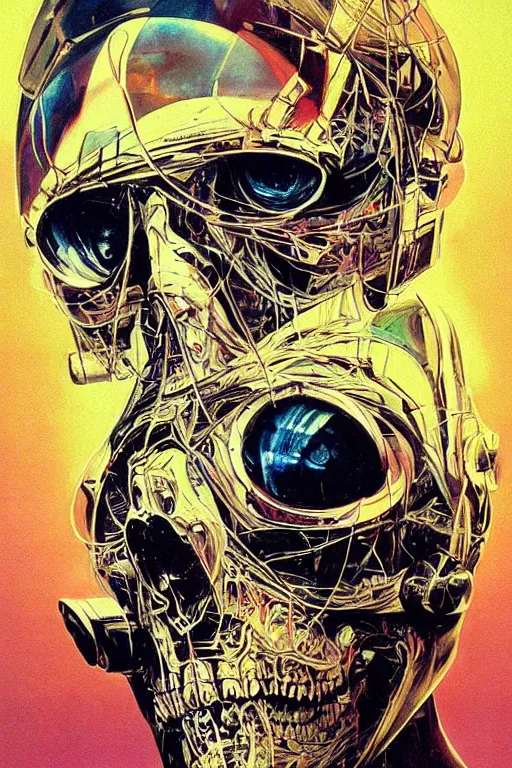 Prompt: fisheye, a portrait of a shattered cybernetic skull, lost in tensor fields, madness, decoherence, synthwave, glitch!!, fracture, realistic, hyperdetailed, concept art, golden hour, art by syd mead, cubism