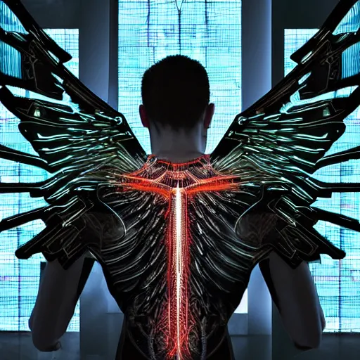 Image similar to man with cybernetic bird wings coming from his back, highly detailed, mega detailed, photo realistic, cyberpunk,