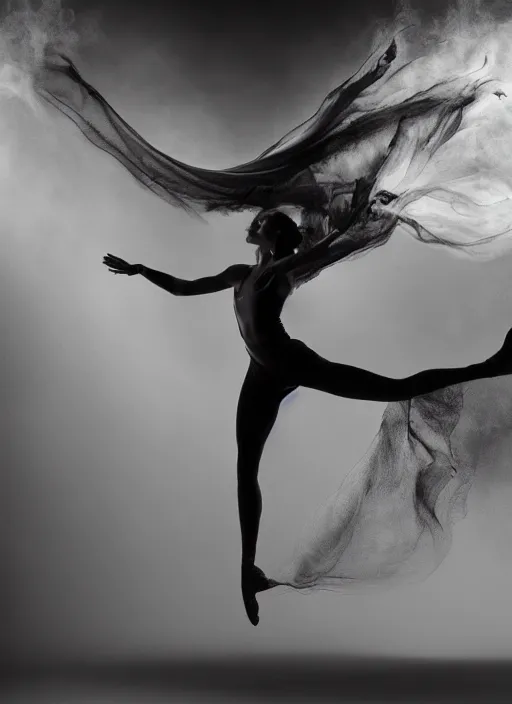 Image similar to a Photorealistic dramatic hyperrealistic render of a beautiful Female smoke dancer by Ken Brower and Deborah Ory of NYC Dance project,Lois Greenfield,Flowing cloth and smoke,Beautiful dynamic dramatic dark moody lighting,volumetric,shadows,cinematic atmosphere,Octane render,8K