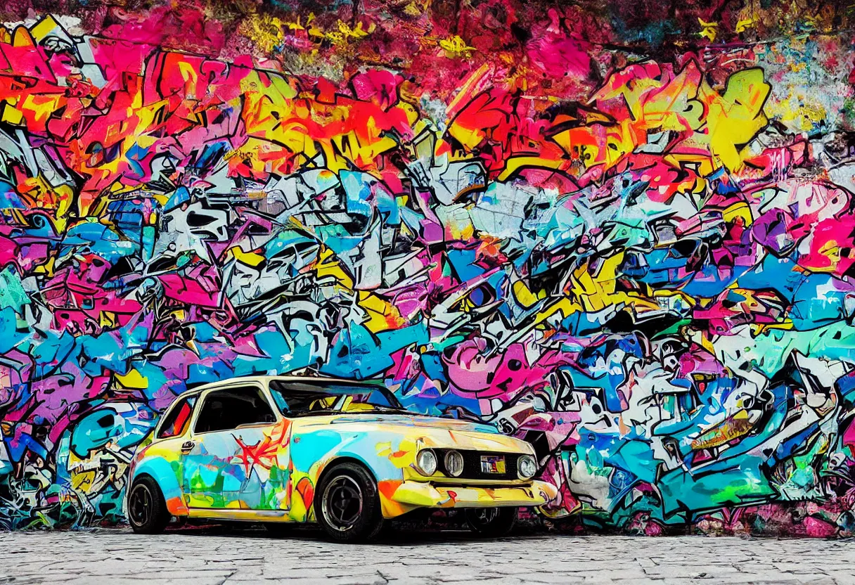 Image similar to yugo car against concrete wall as pop art, matte painting, hyperdetailed, street style, graffiti, illustration, coherent, art nouveau, beautiful render, concept art