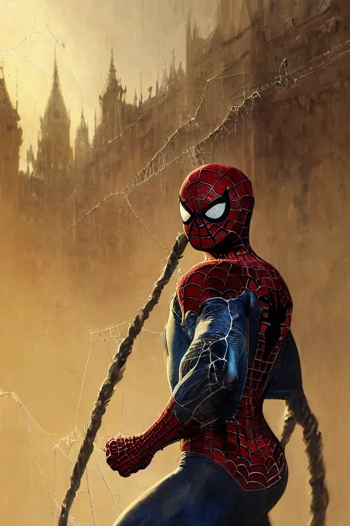 Image similar to spiderman covered with webs, legendary warrior, heroic fighter, world of warcraft, decorative ornaments, battle armor, by carl spitzweg, ismail inceoglu, vdragan bibin, hans thoma, greg rutkowski, alexandros pyromallis, perfect face, sharply focused, sharply detailed, centered, rule of thirds, realistic shading