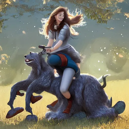 Image similar to girl riding a giant schanuzer dog at the park, trending on artstation