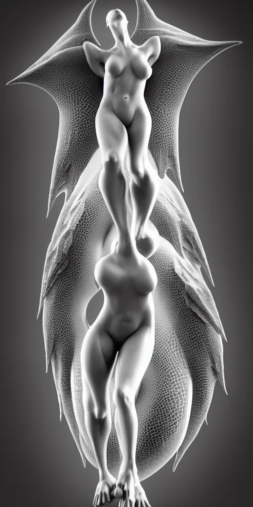 Image similar to a black and white 3D render of a full figure young female angelic-dragon-cyborg with a very long neck, Mandelbrot fractal, anatomical, flesh, facial muscles, veins, arteries, full frame, microscopic, elegant, highly detailed, flesh ornate, elegant, high fashion, rim light, 150 mm lens, octane render in the style of H.R. Giger and Man Ray, Realistic, Refined, Digital Art, Highly Detailed, Cinematic Lighting, rim light, photo-realistic Unreal Engine, 8K