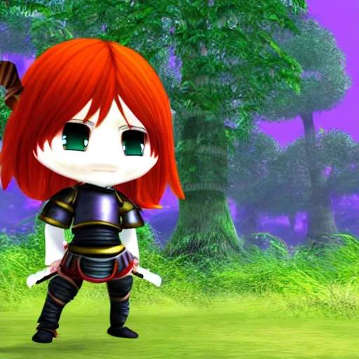 Prompt: render of a chibi knight standing a poison forest, poison is purple clouds among green trees, third person game screenshot 2 0 1 1, ps 3