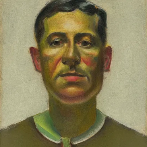 Prompt: portrait in the style of american realism ( 1 9 2 3 ), phthalo green, yellow ochre, and burnt sienna