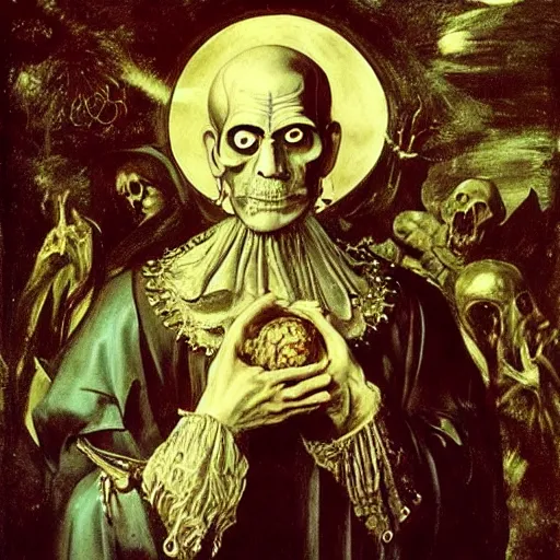 Image similar to george clooney as a lich necromancer, made by caravaggio, peter paul rubens, diego velazquez, rossdraws, jan van eyck, max ernst, ernst haeckel, ernst fuchs