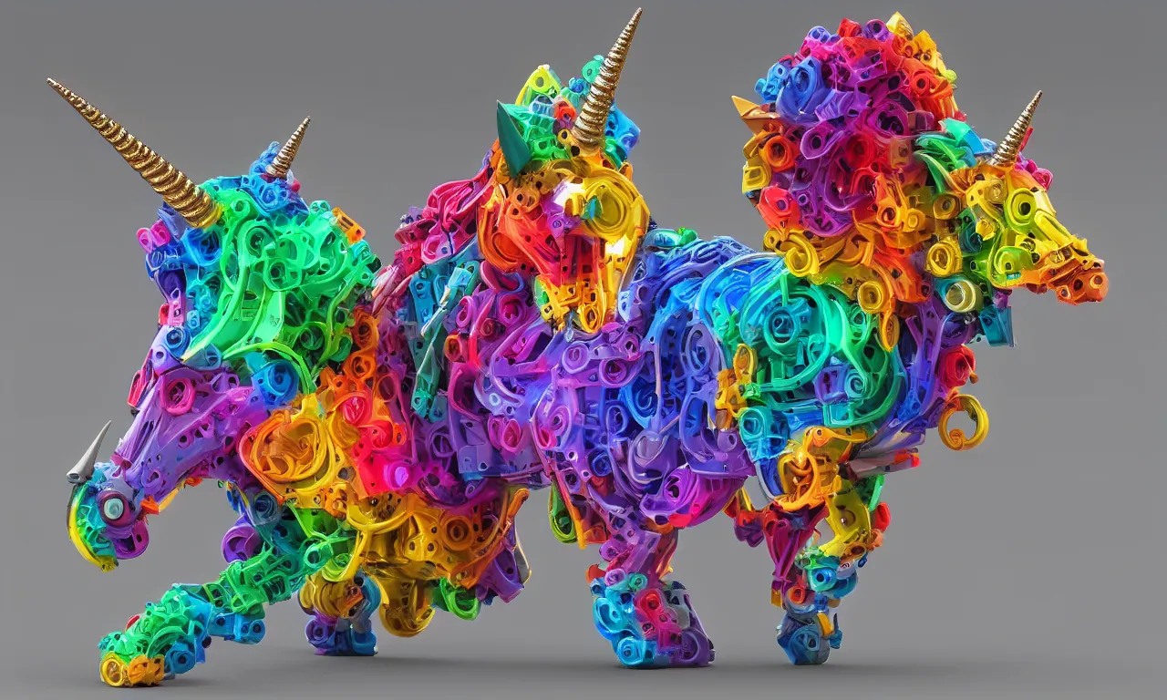 Prompt: A colorful mechanical unicorn, 3D, detailed, 8k