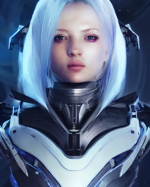 Image similar to perfect android girl on a mothership, warframe armor, beautiful face, scifi, futuristic, galaxy, nebula, raytracing, dreamy, long white hair, blue cyborg eyes, sharp focus, cinematic lighting, highly detailed, artstation, divine, by gauthier leblanc, kazuya takahashi, huifeng huang