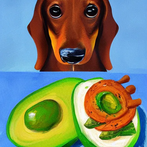 Prompt: a portrait of a dachshund eating avocado toast, digital art