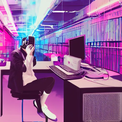 Image similar to a trot singer working on a dissertation while listening to lo-fi with futuristic headphones, artwork by liam wong