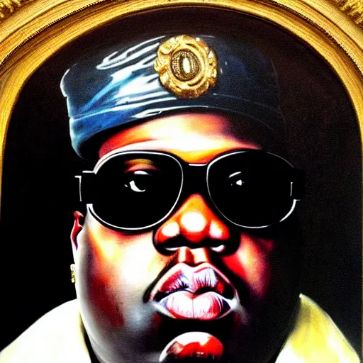 Prompt: high quality celebrity portrait of biggie smalls wear king sunglasses painted by the old dutch masters, rembrandt, hieronymous bosch, frans hals, symmetrical detail