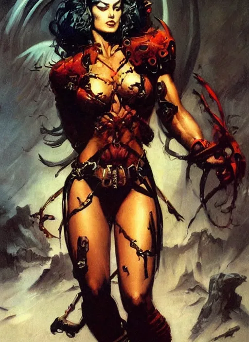 Image similar to portrait of female chaos angel, beautiful! coherent! by frank frazetta, by brom, strong line, deep color, armor, volumetric hair, high contrast, maximalist