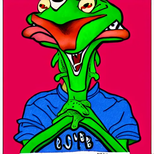 Image similar to matt furie boys club frog character colourful realistic drawing