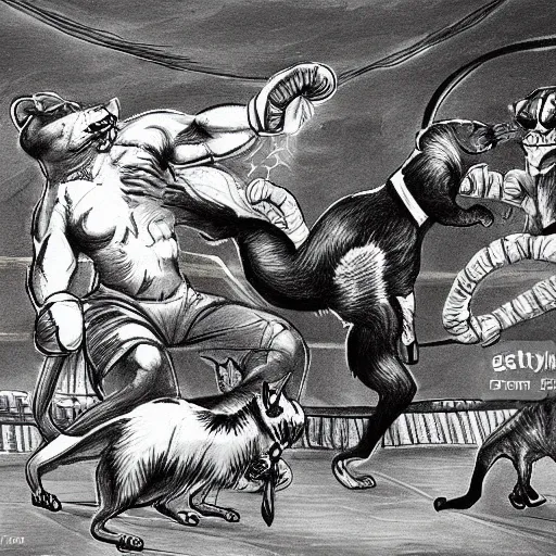 Prompt: cats fighting dogs and rats in a boxing match, detailed drawing, masterpiece