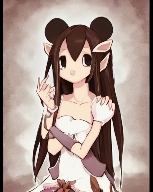 Prompt: A cute wakfu-style frontal painting of a very very beautiful anime skinny mousegirl with long wavy brown colored hair and small mouse ears on top of her head wearing a cute black dress and black shoes looking at the viewer, elegant, delicate, feminine, soft lines, higly detailed, smooth , pixiv art, ArtStation, artgem, art by alphonse mucha Gil Elvgren and Greg rutkowski, high quality, digital illustration, concept art, very long shot, game character