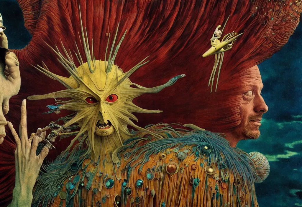 Image similar to realistic detailed portrait movie still of a birdman wearing dark robe, sci fi landscape background by denis villeneuve, amano, yves tanguy, alejandro jodorowsky, alphonse mucha, max ernst, ernst haeckel, roger dean, masterpiece, rich moody colours, snarling dog teeth