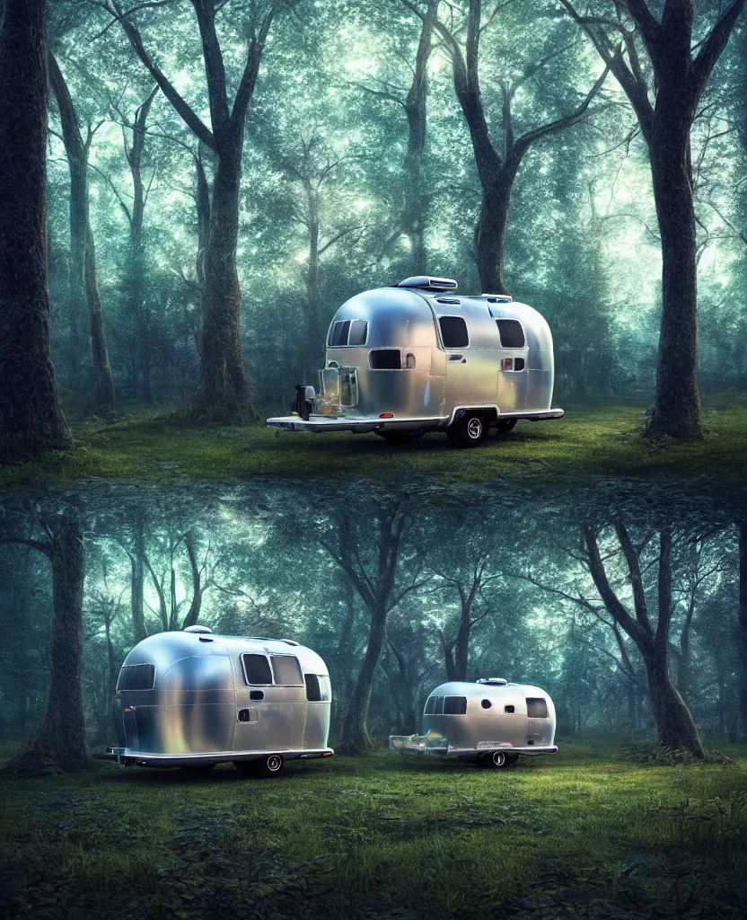 Prompt: image of a sylish vintage airstream camper in magical forest, photorealistic, digital painting, artstation, intricate artwork by Tooth Wu and wlop and beeple. octane render, trending on artstation, greg rutkowski very coherent symmetrical artwork. cinematic, hyper realism, high detail, octane render, 8k