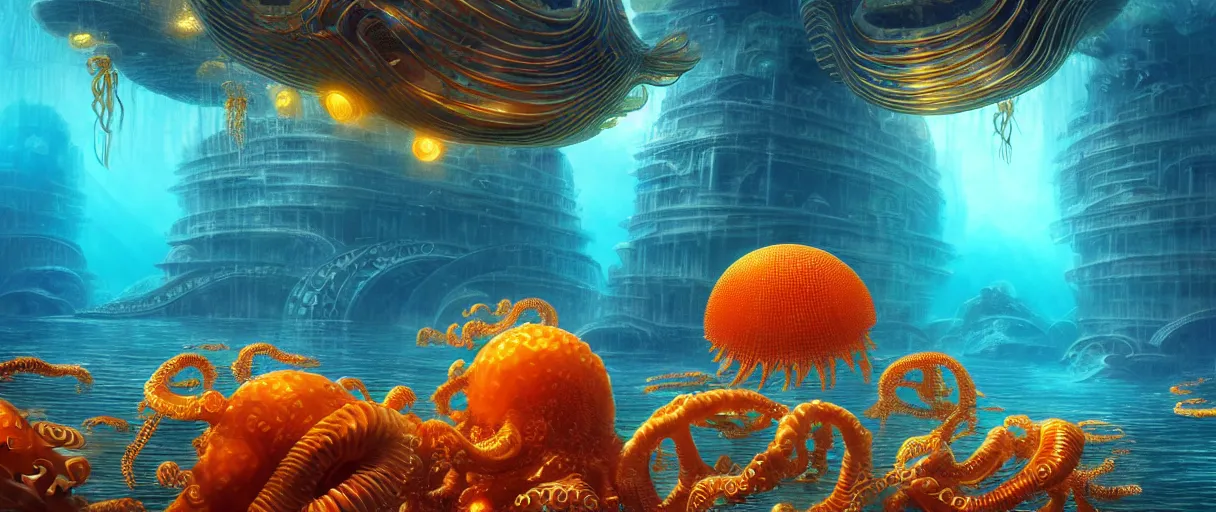 Prompt: hyperrealistic ornate underwater bio-morphic city of atlantis guarded by giant orange and yellow cyborg jellyfish matte painting concept art alex grey hajime sorayama cinematic soft red lighting low angle hd 8k sharp shallow depth of field