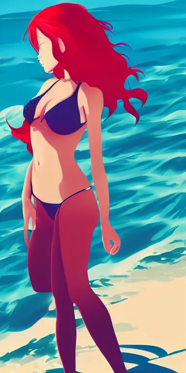 Image similar to redhead 👩👙😘 🏖🌊🌅 digital painting, anime inspired, clean cel shaded vector art. shutterstock. behance hd by lois van baarle, artgerm, helen huang, by makoto shinkai and ilya kuvshinov, rossdraws, illustration, art by ilya kuvshinov