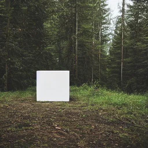 Image similar to photograph of a white concrete cube sitting in the middle of a forest clearing