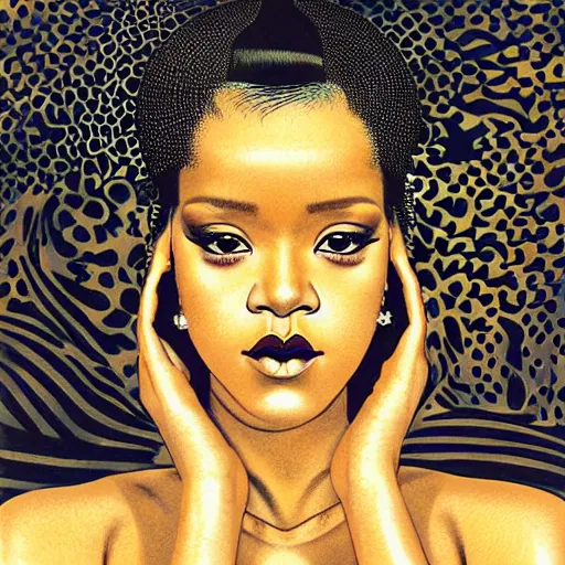 Prompt: “ rihanna portrait by ikenaga yasunari and ayana otake and ko rakusui, 6 0 s poster, drawing, realistic, sharp focus, japanese, dreamy, nostalgia, faded, golden hues, floral clothes, porcelain skin ”