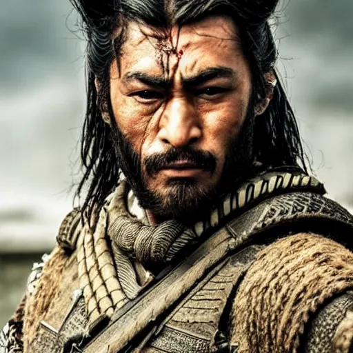 Image similar to handsome and strong! kurdish! samurai in a movie directed by christopher nolan, movie still frame, promotional image, imax 7 0 mm footage, perfect symmetrical facial features