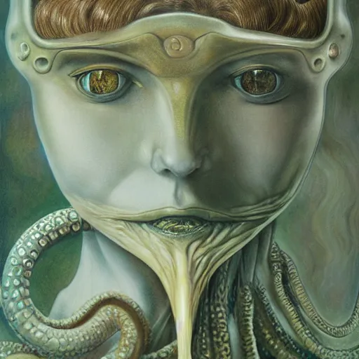 Prompt: eyes, tentacle-enabled underwater human descendant, futuristic painting by jim burns, edward burne-jones, dagon, hd 8k