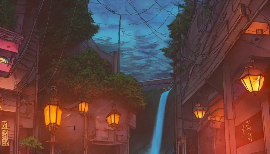 Image similar to A film still from a 1990s Sailor Moon cartoon featuring a moody street in Japan with a waterfall and lanterns, lofi aesthetic, golden hour, cinematic look, film grain, high detail, high resolution, 8k